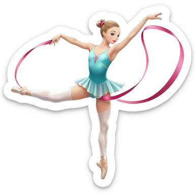 A graceful rhythmic gymnast performing with a flowing ribbon, executing an elegant leap mid-air. The pose exudes flexibility, balance, and artistry. The background suggests a competition arena with soft lighting, emphasizing movement, precision, and the beauty of the sport. sticker