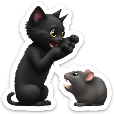 Black fuzzy cat biting a mouse  sticker