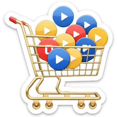 shopping cart with multiple round video play buttons, a mix of #DEEB52 and #102C3D, no red sticker
