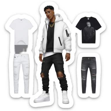 man fullbody, black nike tech fleece, white air force one shoes, amiri jean front view sticker
