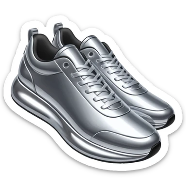 A pair of futuristic sneakers emoji made of silver chrome, sleek streetwear design, smooth metallic panels, subtle reflections, luxury swag aesthetic, iOS emoji style, centered, clean white background sticker