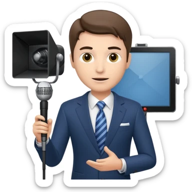 a male news anchor sits sideways, with a screen with a prompter in front of him sticker