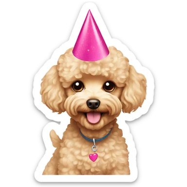 Blonde toypoodle maltipoo with pink birthdayhat sticker