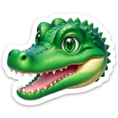 Cinematic Cute Crocodile Portrait Emoji, Head tilted playfully and inquisitively, featuring a smooth, glossy emerald-green hide with subtle textured scales and round, sparkling eyes filled with curious mischief, Simplified yet irresistibly adorable features, highly detailed, glowing with a warm, friendly glow, high shine, affectionate and surprisingly charming, stylized with a touch of wild whimsy, bright and endearing, soft glowing outline, capturing the essence of a mischievous yet lovable crocodile, so playful it feels like it could snap out of the screen into your arms! sticker