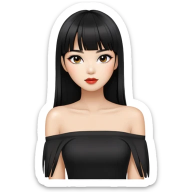 chic woman with Asian skin, black long straight bangs, wearing a black off-shoulder top, and makeup sticker