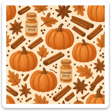 seamless pattern of pumpkins and pumpkin spice, warm orange and cinnamon tones, cozy autumn vibes, soft texture, vector style, high resolution sticker