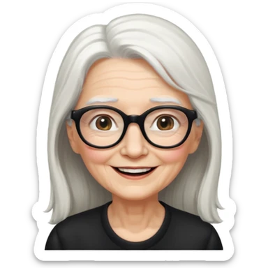 femme ridée avec de long cheveux blanc et des lunettes rectangles noir sourrir sticker