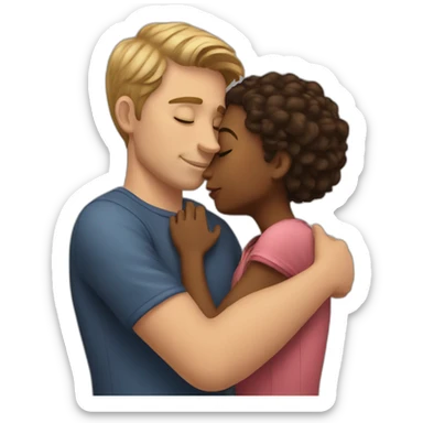 A White man kissing short brown girl with hug sticker