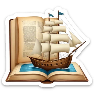 Icon for Reading Fiction: a large open book with pages turning, Musketeers on horseback, Sherlock Holmes and other literary elements, a sailboat sailing across the pages. The icon should evoke the adventurous spirit of storytelling. Transparent background. sticker