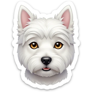 Cinematic Noble West Highland White Terrier Portrait Emoji, Poised and regal, with a compact, sturdy build and a pristine, well-groomed pure white coat, deep-set soulful dark eyes, Simplified yet sharp and sophisticated features, highly detailed, glowing with a soft, dignified glow, high shine, intelligent and loyal, stylized with an air of confidence, focused and attentive, soft glowing outline, capturing the essence of a watchful and determined companion, so majestic it feels as though it could trot out of the screen with effortless authority! sticker