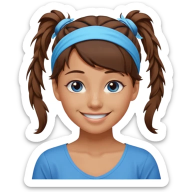 A girl with a messy ponytail, she’s tanned blue eyes and brown hair with a headband on sticker