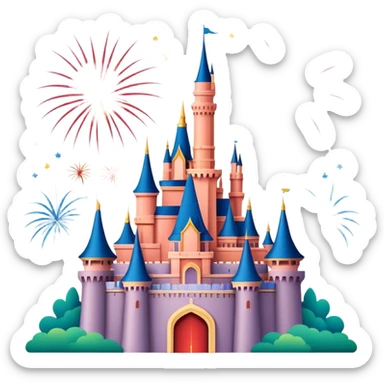 Shanghai Disney Castle with fireworks, simplified emoji style with bold outlines and bright colors, cartoon style fairy tale castle sticker