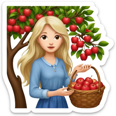 Attractive Girl with long hair picking an apple off a tree with a basket of apples sticker