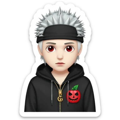 vampire emoji with spiky emo hair wearing a gucci hat sideways and a nike tech hoodie sticker