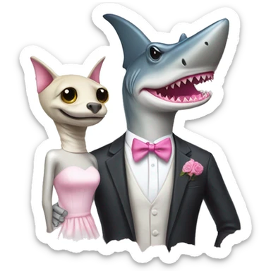 hammerhead shark in a suit with a pink cat in a wedding dress sticker