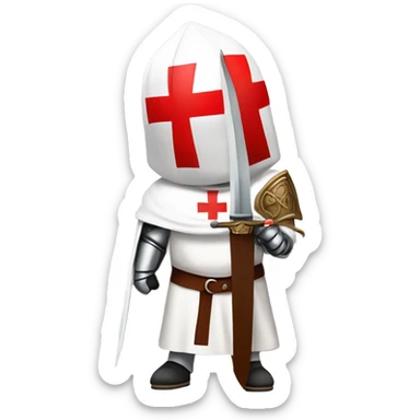 knight Templar wearing a white tunic with a Red Cross on the front, a white mantle with a hood. And a Red Cross on the left side. A male head with a red smokers cap on. He should be holding a sword in the carry position. sticker