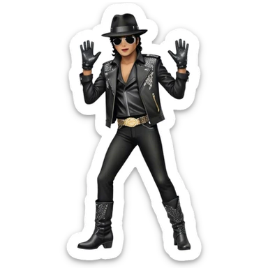Icon for R&B Music: Michael Jackson on stage in full body, wearing his iconic concert costume—black leather jacket, sequined glove, fedora, and boots. He strikes a powerful pose, embodying the energy of R&B music. Transparent background. sticker