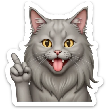 Gatto grigio pelo lungo che alza dito medio e fa la linguaccia sticker