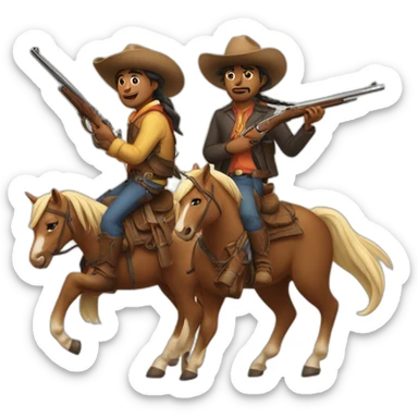 Pascalito and Thushy riding the same horse with texas hats both armed with a rifle sticker
