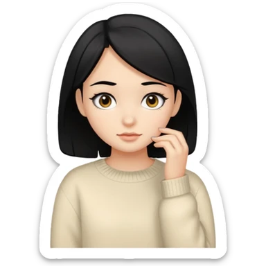 girl with black hair, black eyes, cream colored sweater sticker