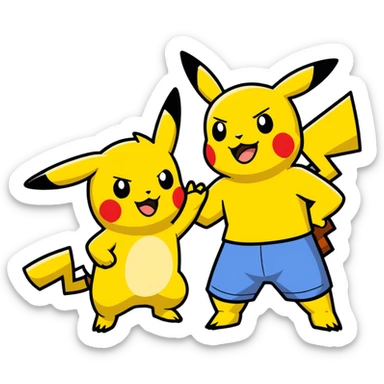Hot handsomeb muscular 6ft tall smiling happy fun shirtless Ash Ketchum giving Pikachu a high five sticker