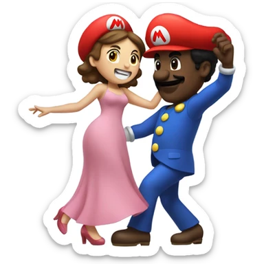 Black man with giant Mario costume head dancing with brunette girl sticker