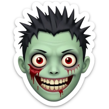 zombie boy with emo spiky hair, white skin, and white eyes; an open smile, and bloodied teeth; sticker