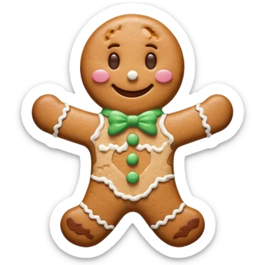 {
    "type": "object",
    "look": "gingerbread man, icing smile, cookie texture, front view",
    "description": "a cheerful gingerbread cookie shaped like a man, smiling with white icing details"
  } sticker