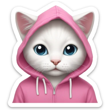 White little cat wearing a big pink over sized hoodie sticker