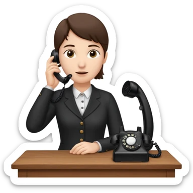 person standing at a desk, holding a telephone receiver to their ear, suggesting a phone call. sticker