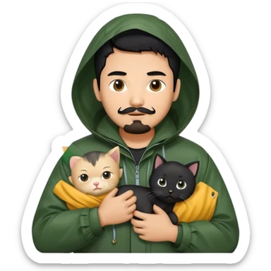 A Thai man with black hair, tanned skin, a small mustache and beard, wearing a dark green raincoat, and carrying a black kitten sticker