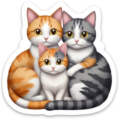 two cats in love, a colourful light patched calico + white tabby cat cuddling a bigger cat that is dark grey and white tabby cat sticker