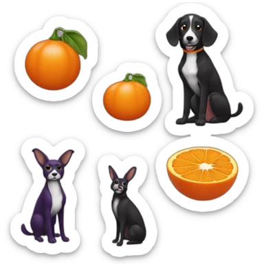 Donne-moi un chien donnant une claque à une aubergine orange qui appartient à un lapin noir sticker