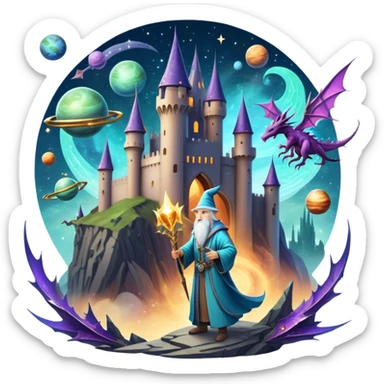 Icon for Fantasy and Sci-Fi Movies: A magical collage with flying dragons and futuristic spaceships. Stars and planets shimmer in the background with a mystical castle Hogvards and an ancient wizard holding a staff. The atmosphere is epic, otherworldly and adventurous. Transparent background. sticker