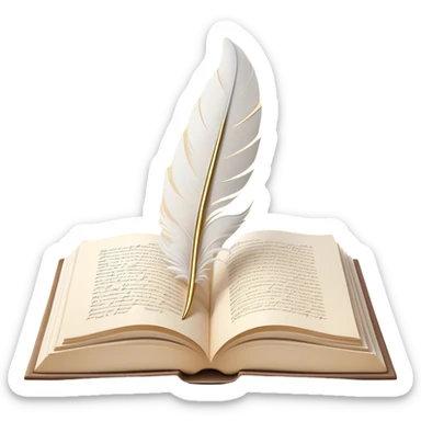 Create a delicate and elegant emoji representing poetry. The design should feature several gracefully flying pages with short poetic lines written on them. A white feather quill should be gently resting on one of the pages or floating nearby, symbolizing creativity and inspiration. The pages should look soft and flowing, evoking the fluid nature of poetry. Use a subtle color palette with white, light pastels, and a touch of gold for accents. Make the background transparent. sticker