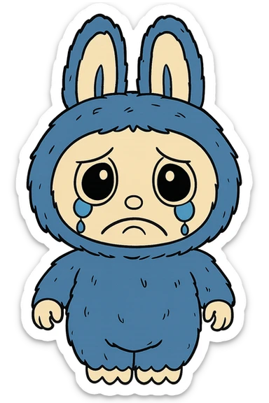 Change only the facial expression of the blue bunny character to a sad, teary-eyed look. Keep the character, pose, and all colors exactly the same as the original. Do not change any other details. Transparent background. sticker