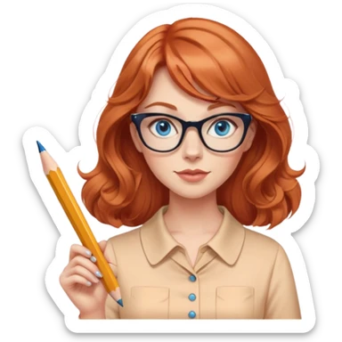redheaded woman with long wavy hair and bangs, blue eyes, cat-eye glasses, pencil skirt, apricot blouse, holding a pencil sticker