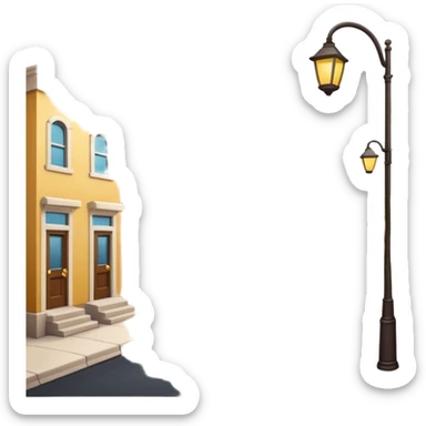 emoji of a small cozy street scene — a narrow road with a sidewalk, a few colorful buildings on the sides, and a streetlight. Soft daylight, clean design, minimal background, cheerful and detailed Apple emoji style sticker