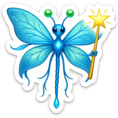 Add a magic wand to the neuron with fairy wings in the style of apple emojis, keeping the apple emoji style exactly, no background. sticker