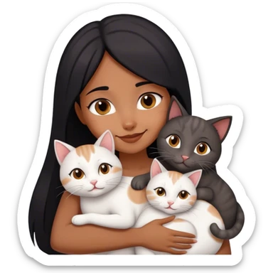 happy black haired girl hugging three cats  (carey cat, gray cat, white brown cat) sticker