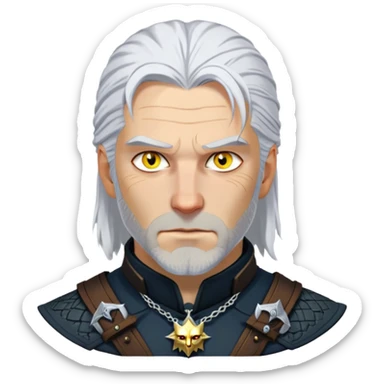 Geralt of Rivia with white hair, yellow cat eyes, and witcher medallion sticker