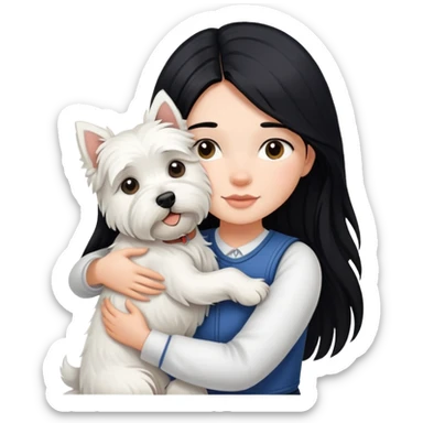 A girl with long black hair hugging a west highland terrier sticker