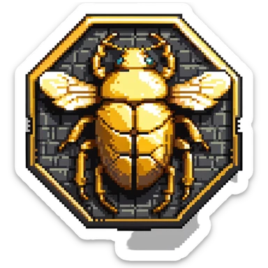 A golden hexagonal badge with a detailed beetle in the center, Discord bug hunter inspired sticker