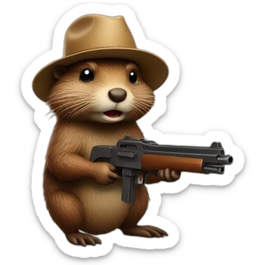 beaver with a gun and a cool hat sticker