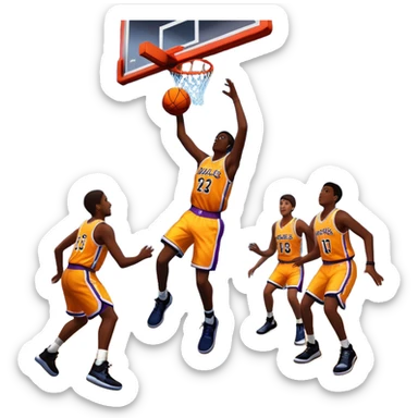 An icon featuring a basketball court with players in action, inspired by NBA 2K25. A player jumps for a dunk, with the ball mid-air. Bright lights illuminate the court, symbolizing the excitement of sports simulation games. Transparent background emphasizes the energy. sticker