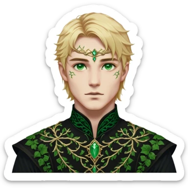 A golden-haired High Fae male with striking emerald-green eyes, his features sharp and aristocratic. He wears a deep black tunic embroidered with green ivy-like patterns, symbolizing his connection to nature. Though his broad frame and strong jawline exude power, there is a weight behind his eyes—something restrained, something broken. sticker