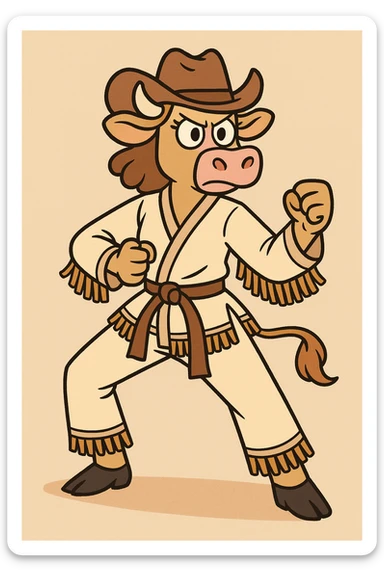 karate cowgirl, ready stance, lasso at her side, gi with fringe, determined look sticker