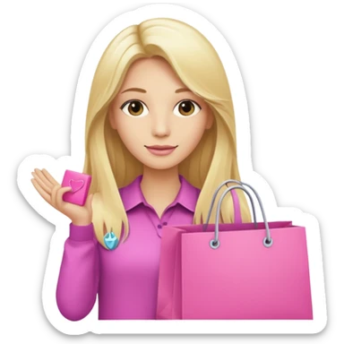 influencer with long blond hair holding a pink shopping bag sticker