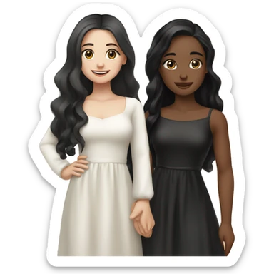two girl cuddling and smiling one of them wavy long black hair and blue eyes and white skin and the other one has brown long straight hair and brown eyes and white sking both of them beautiful and wearing black cute dress sticker