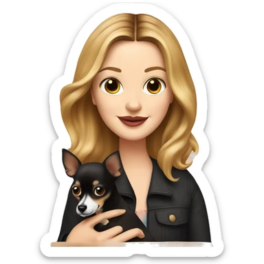 Drew Barrymore holding a black and brown Chihuahua sticker